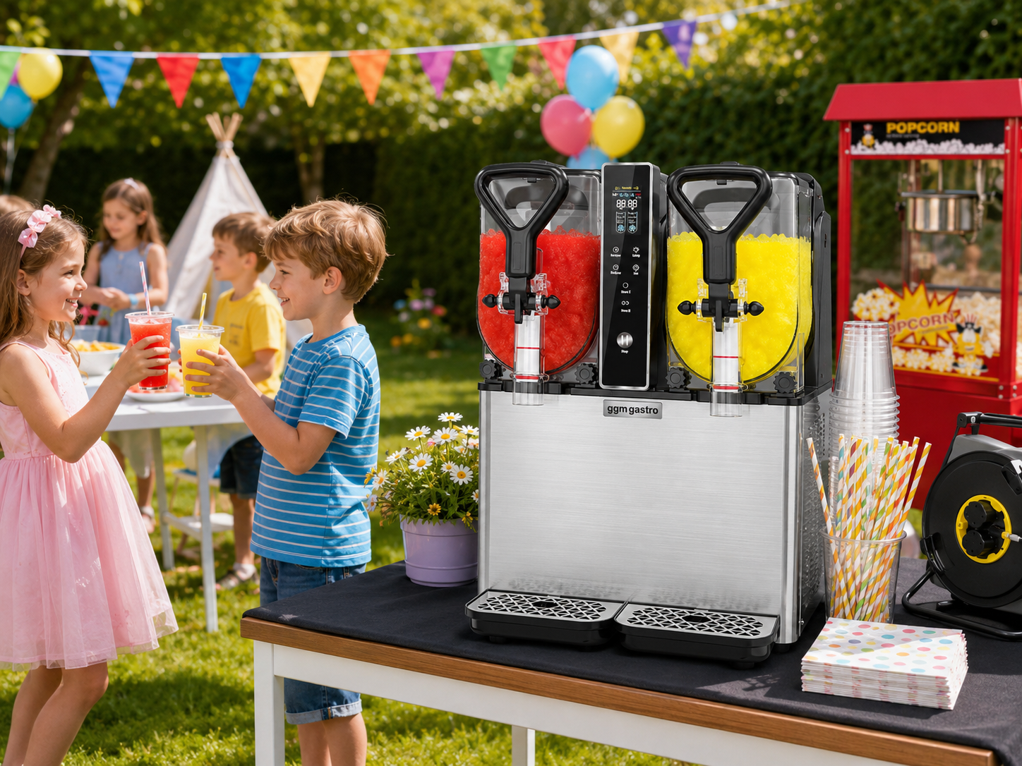 KI-generierte Gartenparty-Szene mit der angebotenen Slusheismaschine